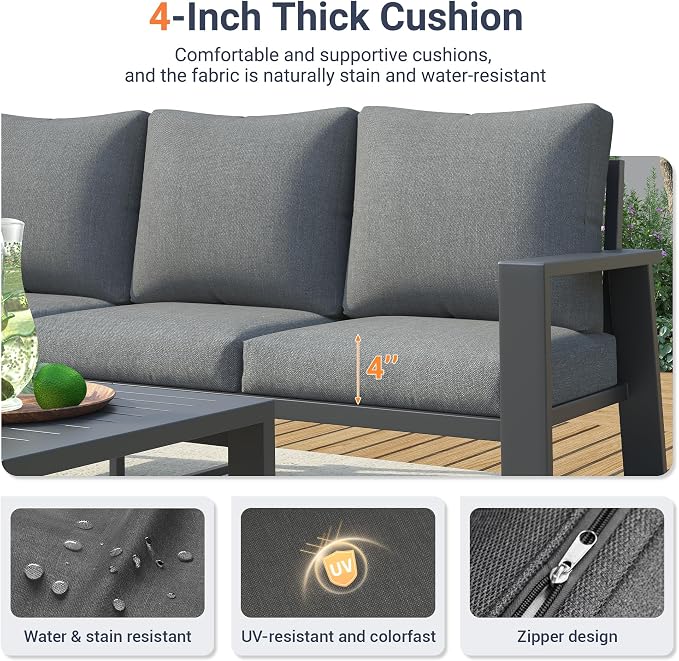 UDPATIO Aluminum Outdoor Patio Furniture Set 4-Seat Metal Patio Conversation Sets with Coffee Table and Water-Resistant Cushions, Modern Patio Sectional Sofa for Porch, Deck, Backyard, Poolside