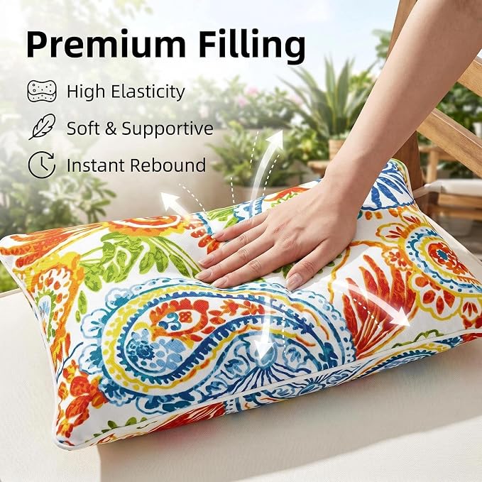 JMGBird Outdoor Lumbar Pillow Waterproof 12x20 Pillow Cover with Insert | Orange Outdoor Pillows covers with insert Outdoor Throw Pillows waterproof Pillows for couch