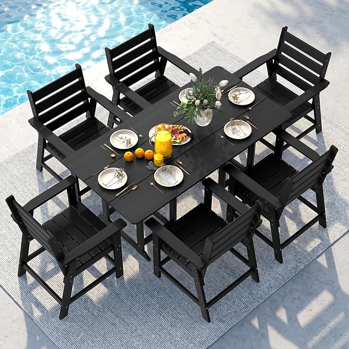 7-Piece Dining Set, HDPE Table & 6 Chairs, Black | HDPE Dining Set,67" Table+6 Chairs, 380 lbs, 304 Stainless, All-Weather,No Rust No Crack,Outdoor Patio Garden