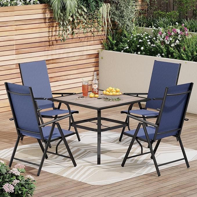 PHI VILLA 5-Piece Patio Dining Set for Outdoor, Patio Table and Chairs Set with Square Wooden-Like Table & Patio Folding Sling Chairs (Blue)