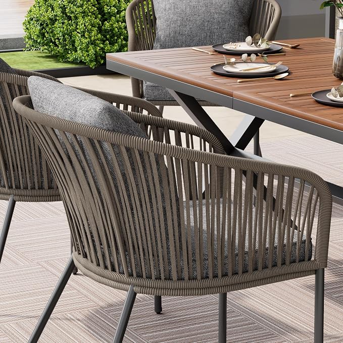 7 PC Patio Dining Set with Table and 6 Chairs Grey | All-Weather Outdoor Furniture with Acacia Wood Tabletop & Metal Frame, for Garden, Backyard, or Balcony
