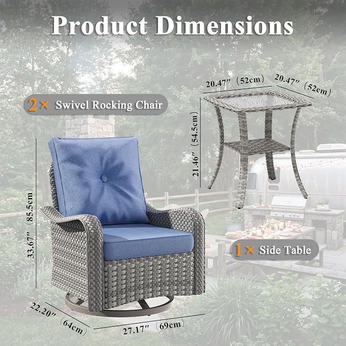 3 Piece Patio Furniture Set with Swivel Rocking Chairs, Outdoor Wicker Conversation Set with 4" Cushions, Glass Side Table, PE Rattan and Rust-Resistant Frame, Navy