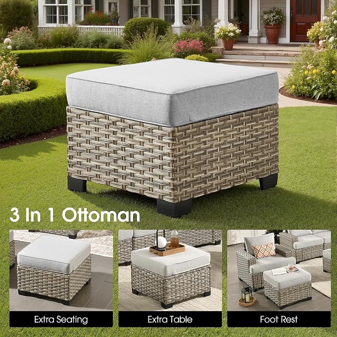 Outdoor Sectional Patio Furniture Set,7 Pieces All Weather Rattan Wicker Conversation Sets,Out Door Furniture with Ottoman Single Chair,Light Grey