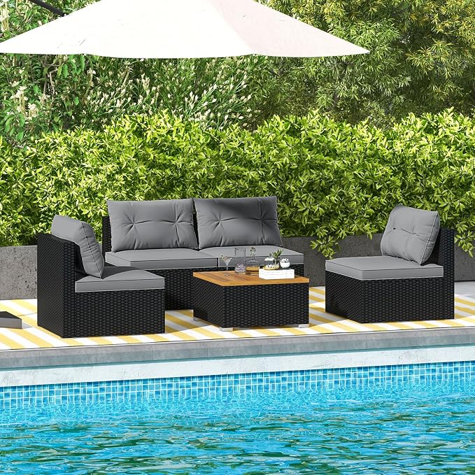 Tangkula 5 Pieces Wicker Patio Furniture Set, Outdoor 4 Armless Rattan Sofa & Coffee Table Set, with Cushions, Acacia Wood Tabletop, Sectional Patio Conversation Set for Lawn, Yard, Poolside, Grey