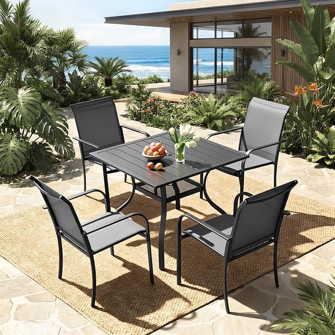 Crownland 5 Piece Patio Dining Set, Outdoor Textilene Dining Sets, 4 Textilene Metal Chairs and Square Outdoor Dining Table with 1.57" Umbrella Hole (Grey)