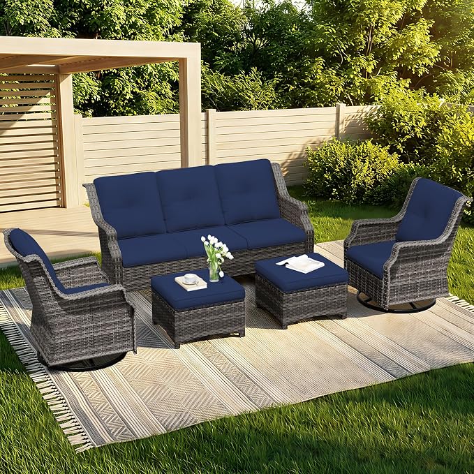 5 Pieces Patio Furniture Set, Outdoor Furniture Set with 2 Patio Swivel Rocking Chairs, 2 PE Rattan Ottoman, 1 Outdoor Wicker Sofa with Thick Cushions, Ideal for Backyard, Garden, Poolside, Blue