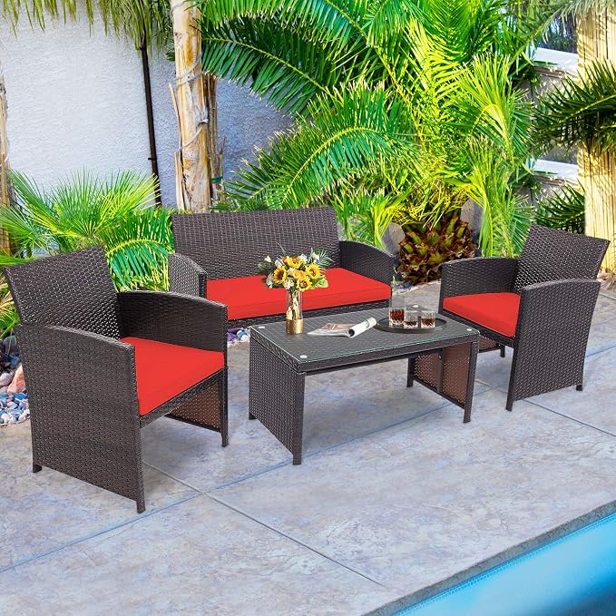 HAPPYGRILL Set of 4 Rattan Conversation Set Outdoor Wicker Furniture Set with Tempered Glass Coffee Table, Soft Cushions, Weather-Resistant Rattan Chair Set for Garden Backyard Poolside