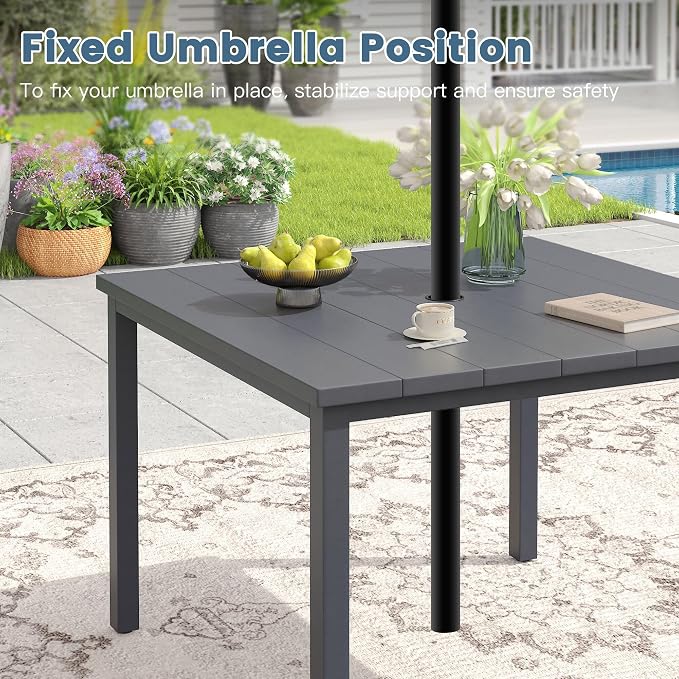 DIFY Patio Table and Chairs Set for 4, 5 Piece Outdoor Dining Set Includes 40.2" Square Metal Dining Table with Umbrella Hole and 4 Textilene Swivel Patio Chairs, for Garden Backyard Deck, Grey