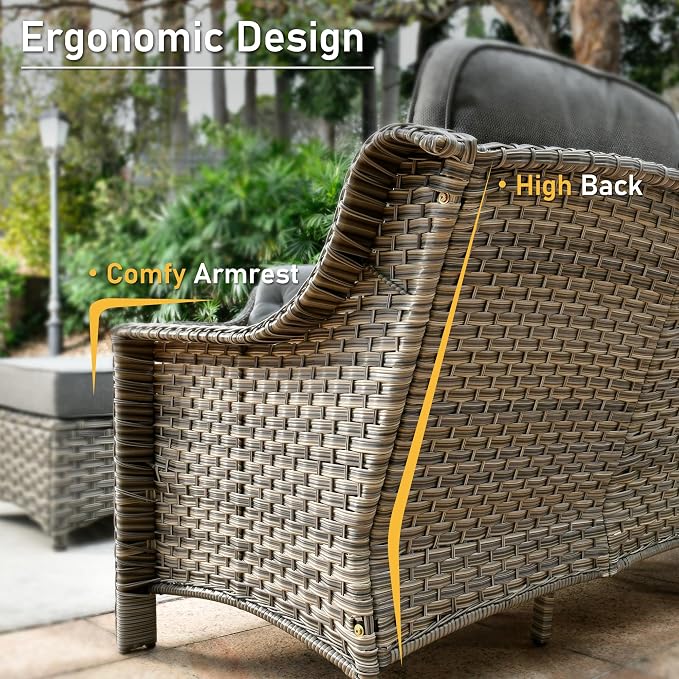 HOOOWOOO 9 Piece Patio Furniture Conversation Sets with Swivel Rocking Chairs,Outdoor Wicker Furniture with Ottoman,All Weather Resistant High Back Rattan Conversational Set(Dark Grey Gray)