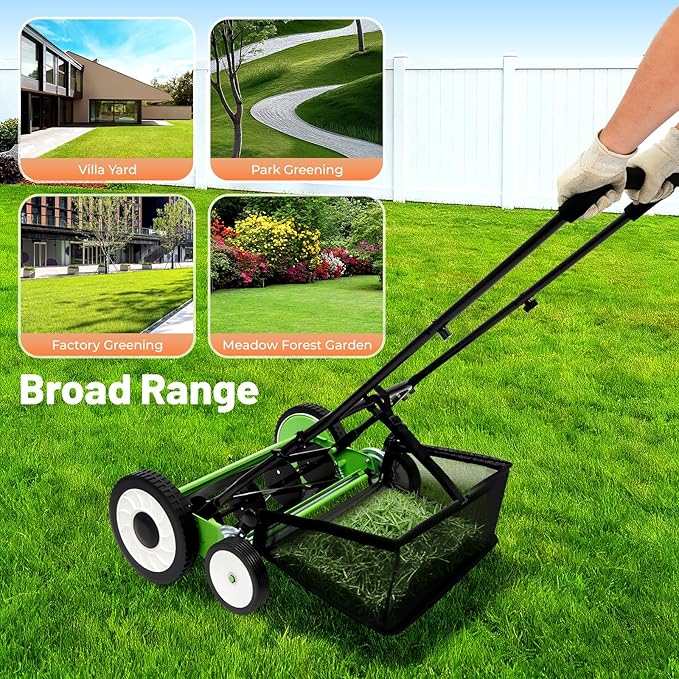 16-Inch 5-Blade Reel Lawn Mower, Cordless Manual Push Mower with Detachable Grass Catcher, 9-Position 1.34-2.52 in Adjustable Cutting Height, Walk-Behind Grass Cutter for Lawns, Driveways, Courtyards