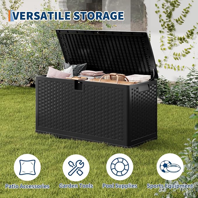 Patikuin Spacious 73 Gallon Outdoor Storage Deck Box – Waterproof, Lockable Resin Bench Organizer – Imitation Rattan for Patio Cushions, Garden, Pool, Package Delivery – Color: Black - 1 – Specs: