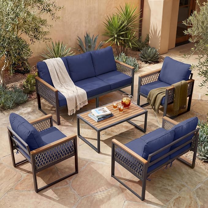 UPHA 5 Pieces Patio Furniture Set, Metal Outdoor Sectional Couch Set with Loveseat & 3-Seat Sofa, 2 Chairs, Coffee Table, Modern Patio Conversation Set for Porch Balcony Deck, 7 Seats, Navy Nlue