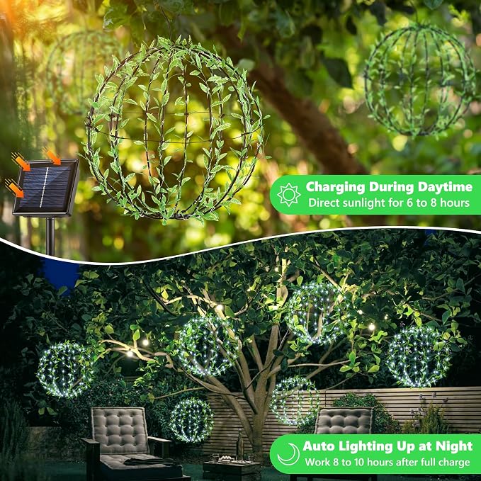 Joomer Solar Ball Lights Outdoor, 2-Pack 13in & 11in Total 264 LED, White | Solar Powered Hanging Globe Metal Sphere Lights, 8 Modes Waterproof with Hooks for Patio Garden Gazebo Decorative Tree Decor