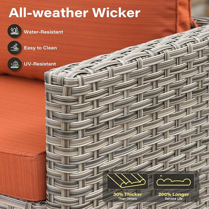 11 Pieces Outdoor Sectional Patio Furniture Set with 54" Fire Pit,Wicker Conversation Sets Rattan L Shaped Couch Swivel Rocking Chairs,Modular Outdoor Sofa for Porch Balcony Backyard Orange