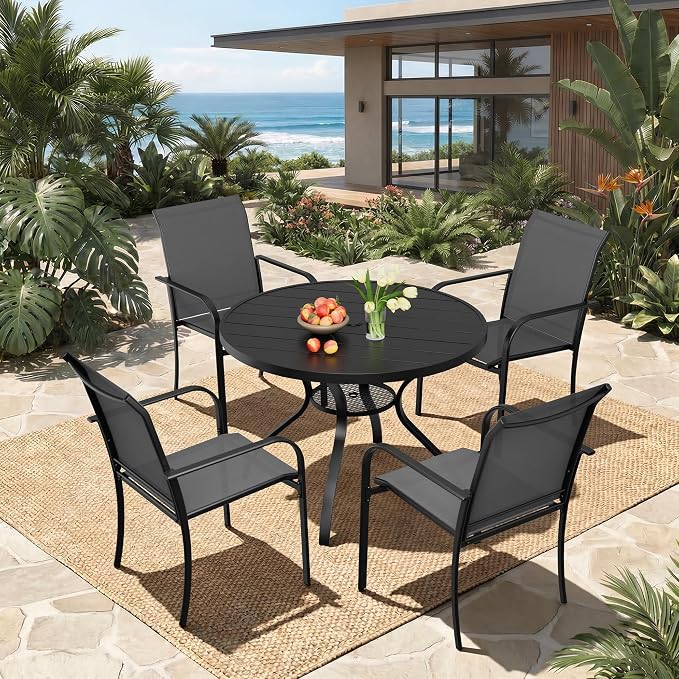 Incbruce 5 PCS Patio Dining Set, Outdoor Dining Set of 4 Textilene Chairs and 41" Round Table with Umbrella Hole for Backyard, Garden, and Poolside (Grey)