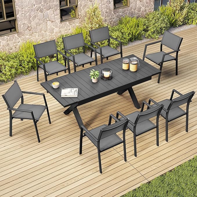 9-Piece Expandable Patio Dining Set, Never-Rust Aluminum Outdoor Dining Table Set for 8, Expandable Dining Table and Stackable Patio Chairs for Deck, Backyard, Garden, Indoor, Black