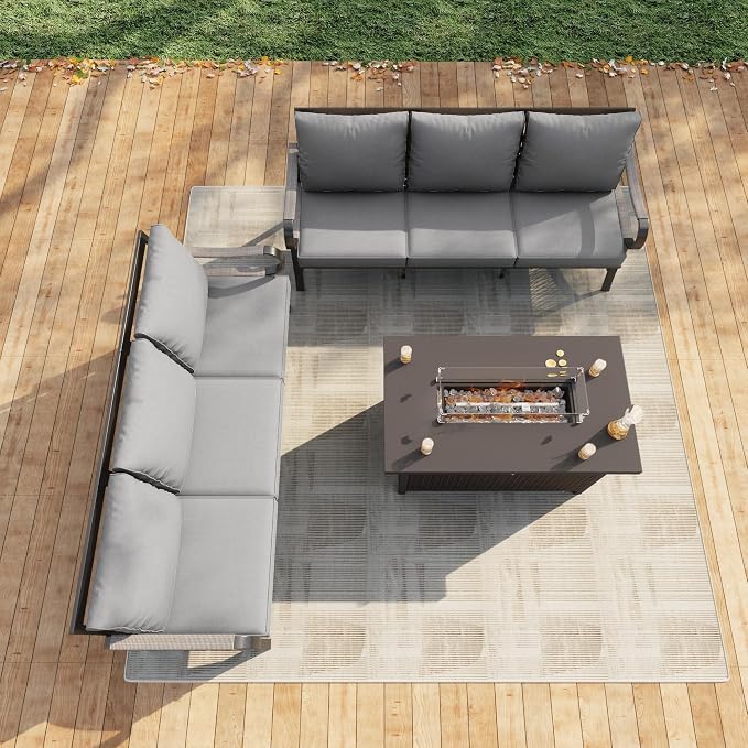 3 Pieces Patio Furniture Set, Metal Outdoor Conversation Sets with Fire Pit Table for Backyard Garden Deck Porch Poolside (Thick Gray Cushions)