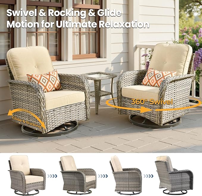 8 Piece Wicker Patio Furniture Set with Swivel Chairs,Beige | 4 Swivel Rocker Chairs, High Back Loveseat Sofa, Coffee Table, Rattan Outdoor Conversation Set, Porch Deck Backyard Poolside