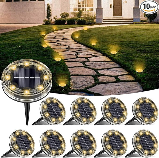 LOTMOS 10 Pack Solar Ground Lights Outdoor, 8 LED Solar Flat Lights IP68 Waterproof Disc Light, Landscape Lighting Solar Powered for Garden Yard Path Driveway Lawn Patio Walkway, Warm White