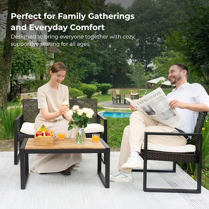 4 Piece Patio Furniture Set, Wicker Rattan Outdoor Furniture with Cushion, Patio Conversation Sets with Chairs Loveseat and Coffee Table for Outdoor, Porch, Yard, Poolside, Balcony, Lawn (Brown)