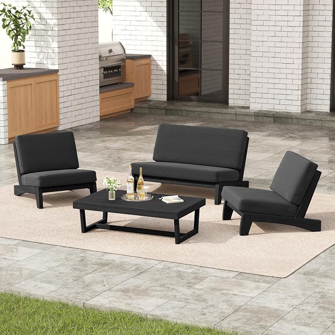 4 Pieces Patio Furniture Sets, All-Weather Outdoor Wood Bistro Set Patio Conversation Coffee Table Chiars and Patio Loveseat for Balcony, Backyard
