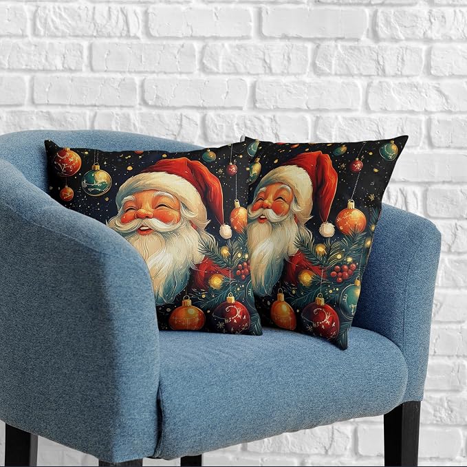 Christmas Santa Pillow Covers Xmas Throw Pillow Covers 20x20 Set of 2 Black Red Holiday Pillowcase Double Sided Printing Cotton Linen Cushion Case for Living Room Sofa Couch