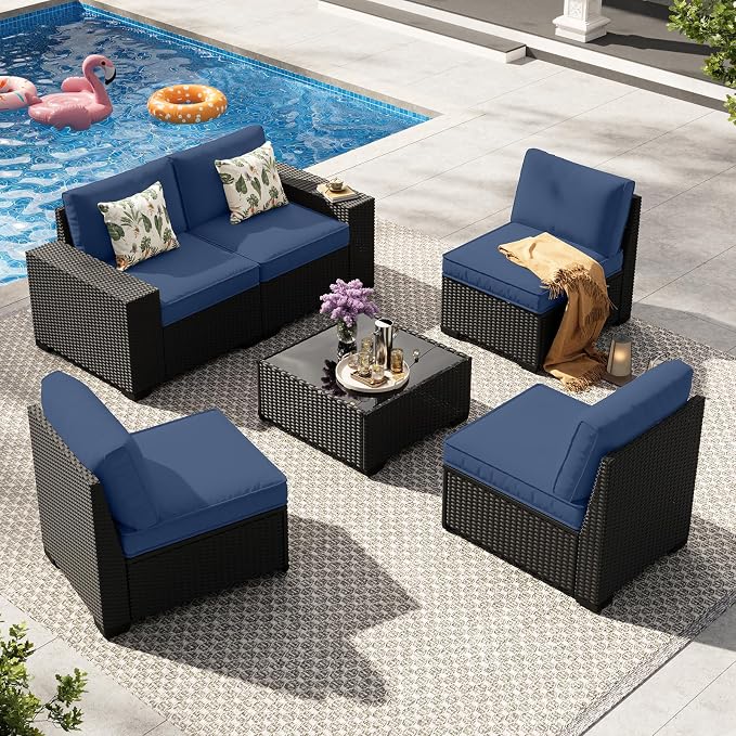 6-Piece Outdoor Patio Furniture Set, Modular Wicker Sectional Sofa with Thick Cushions & Coffee Table, All-Weather Rattan Conversation Set for Backyard, Porch, Poolside, Navy