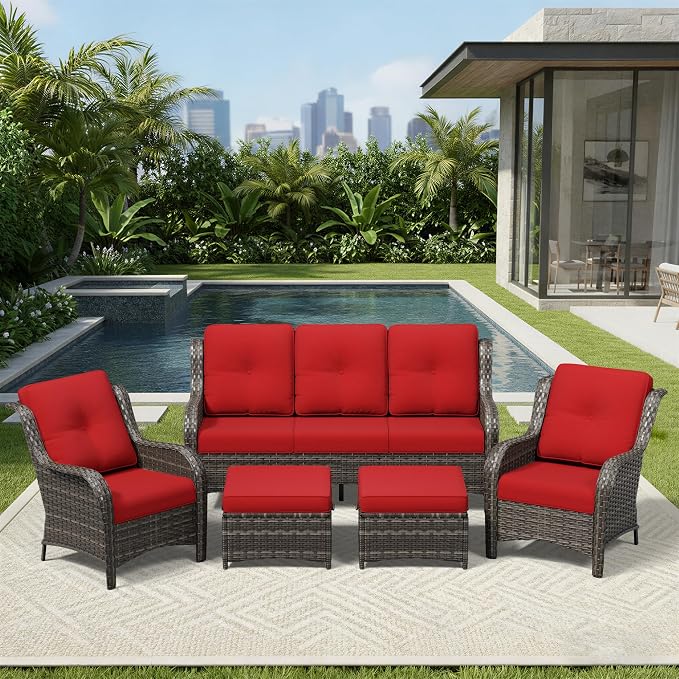 Joyside 5 Piece Wicker Patio Furniture Set, Rattan Patio Chairs with High Back, Deep Seating, Wide Armrest, Thickened Cushions, Outdoor Furniture for Deck, Porch Use