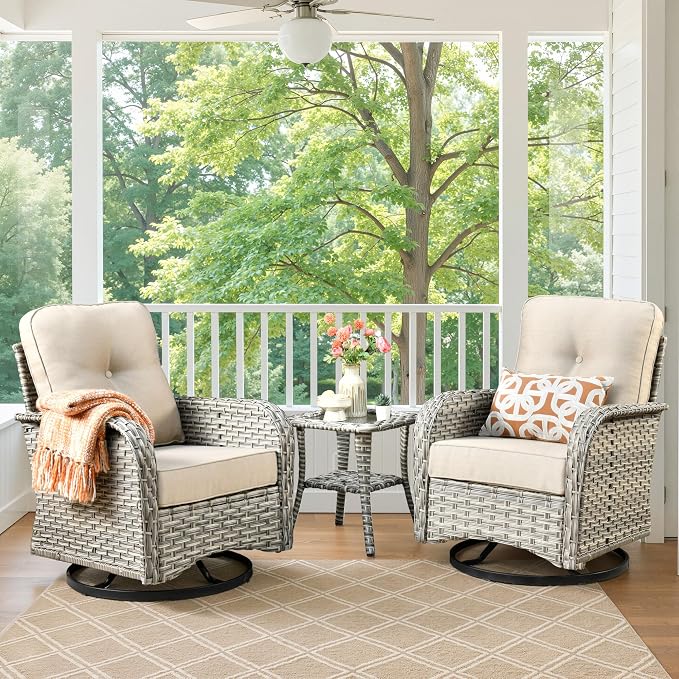 Swivel Patio Chairs Set of 2, Outdoor Wicker Rocker Glider Chair with Coffee Table, Modern Comfy Patio Furniture Sets for Porch Balcony Sunroom, Beige