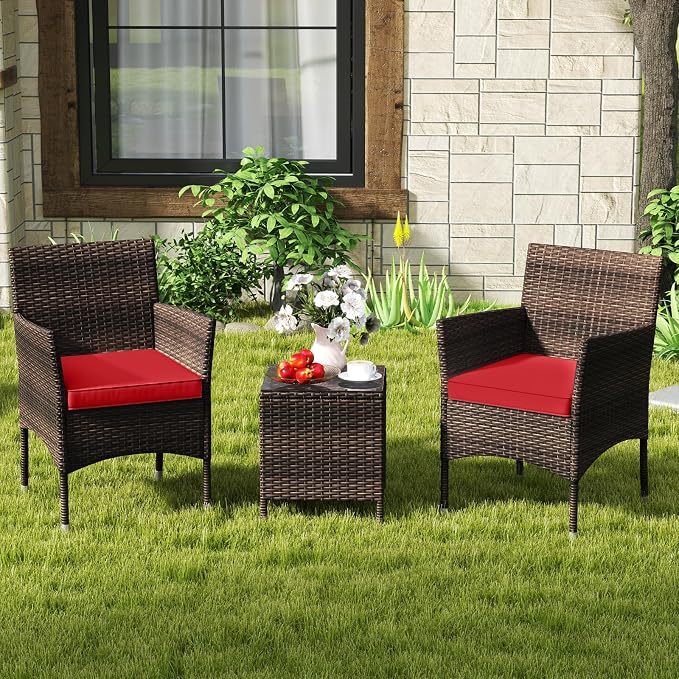 RELAX4LIFE 3-Piece Patio Furniture Set - Rattan Wicker Outdoor Conversation Set w/Cushions & Glass Coffee Table, Balcony Furniture for Porch Garden Backyard, Bistro Table and Chairs Set of 2 (Red)