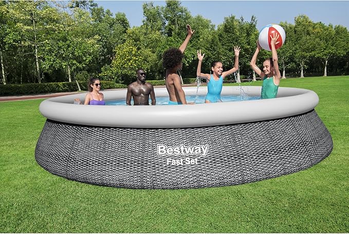 Bestway Fast Set 15' x 33" Round Inflatable Outdoor Above Ground Swimming Pool Set with 530 Gallon Filter Pump and Repair Patch, Gray Rattan