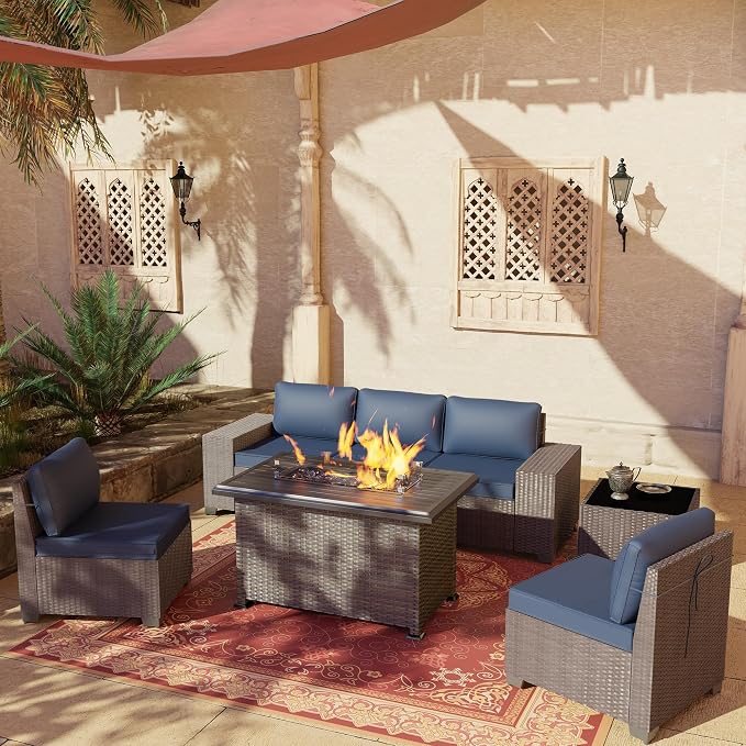 7 PCS Outdoor Patio Furniture Set,Outdoor Sectional Furniture with 43" 55000 BTU Gas Propane Fire Pit Table,All Weather PE Rattan Wicker Patio Conversation Set,Navy Blue