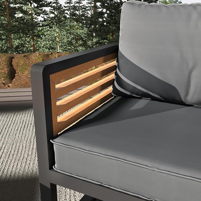 Large 4-Piece Outdoor Furniture Sofa Conversation Set for 5 Person, Garden Sofa with Removable Cushions, Metal and Wood Frame, Acacia Wood Tabletop in Gray