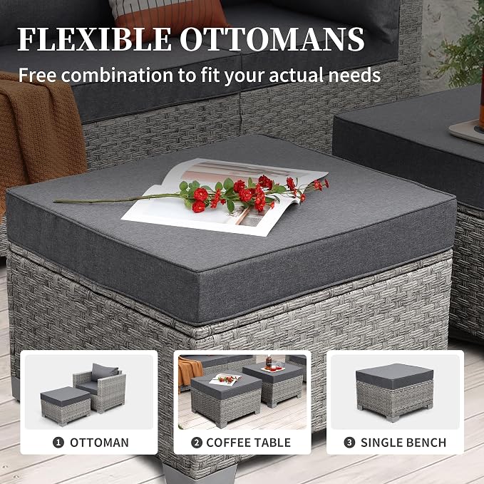 WAROOM Patio Furniture Set 7 Piece Grey Wicker Outdoor Conversation Sets PE Rattan Sectional Sofa with Storage Coffee Table and Anti-Slip Grey Cushion