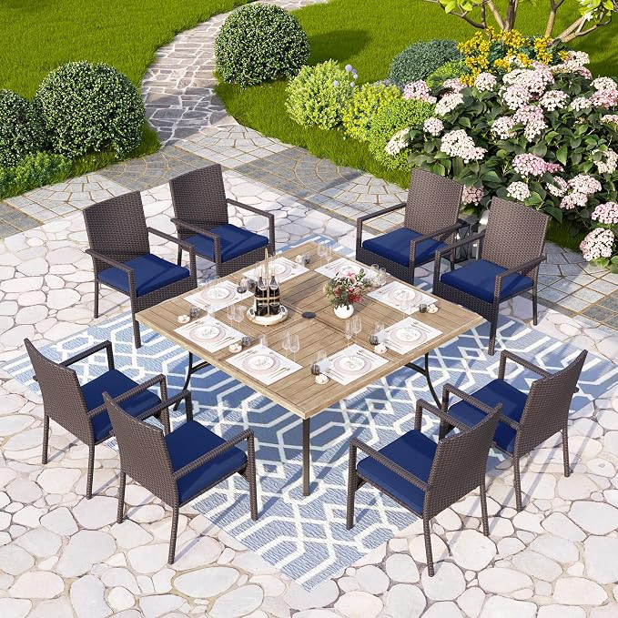 PHI VILLA 9 Pieces Outdoor Dining Set for 8, 57” Wood-Like Large Square Metal Steel Dining Table & Rattan Wicker Chairs with Cushions, Dining Furniture Set for Patio, Deck, Yard, Porch