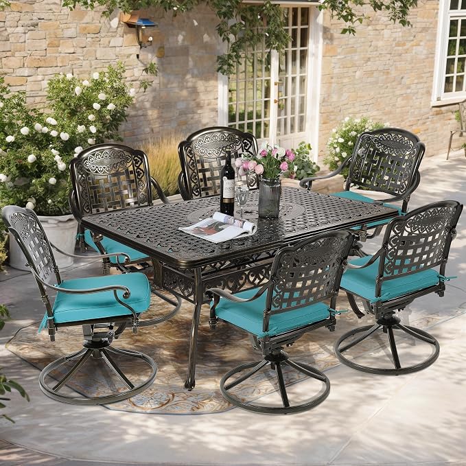 7-Piece Outdoor Patio Dining Set, 60” Rectangular Cast Aluminum Dining Table with Umbrella Hole and 6 Cushioned Swivel Rocker Chairs, Patio Funiture Set for Backyard, Patio, Garden, Blue