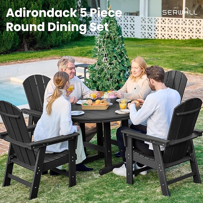 SERWALL 5 Piece Outdoor Dining Set, HDPE Dining Furniture Set with Umbrella Hole, 4 Adirondack Dining Chairs and 45" Round Dining Table, Black