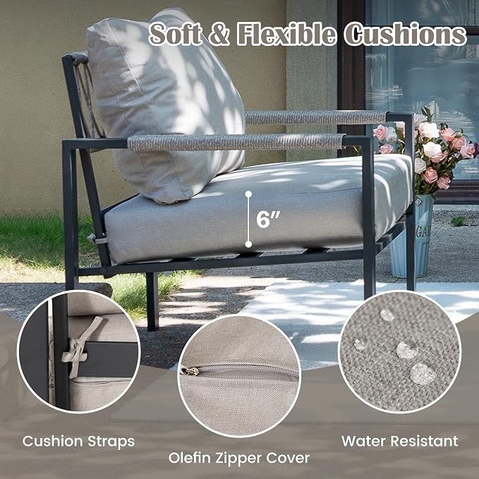 2-Piece Wicker Patio Conversation Set, Outdoor Loveseat with Side Table and Soft Cushions, Patio Furniture for Backyard, Balcony and Deck, Warm Grey