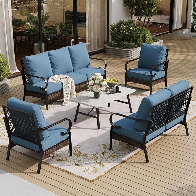 SUNSHINE VALLEY 5 Piece Metal Outdoor Patio Furniture Set, Patio Conversation Sets with 3-Seater Sofa, Loveseat, 2 Fixed Sofa (5.75" Thick Cushion) & Coffee Table Black Backyard Furniture, Denim Blue
