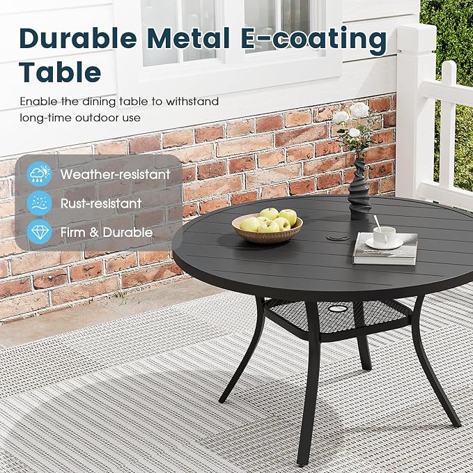 5 Pieces Outdoor Patio Dining Set, 40.6" All Weather Round Metal Table with Umbrella Hole and Storage Shelf, 4 High Back Textilene Swivel Chairs for Garden, Lawn, Black