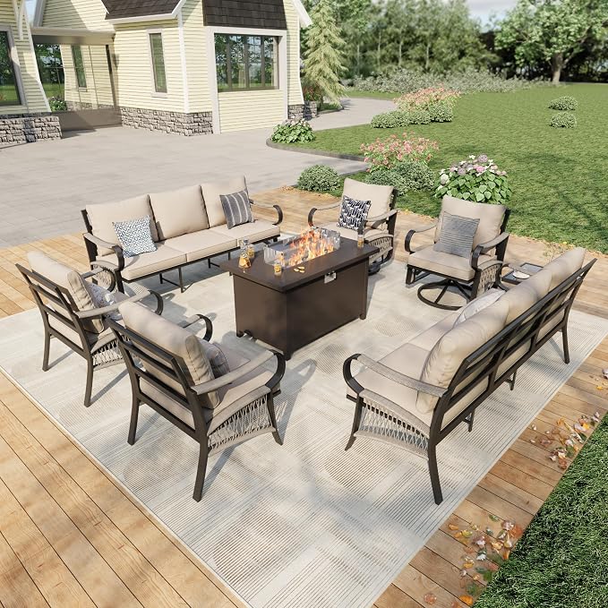 8 Pieces Outdoor Patio Conversation Sets, Outdoor Furniture Set Metal 2 Three-Seater 2 Swivel Rockers with Side Table 2 Single Chairs with Fire Pit Table for Backyard Deck Porch Poolside, Beige