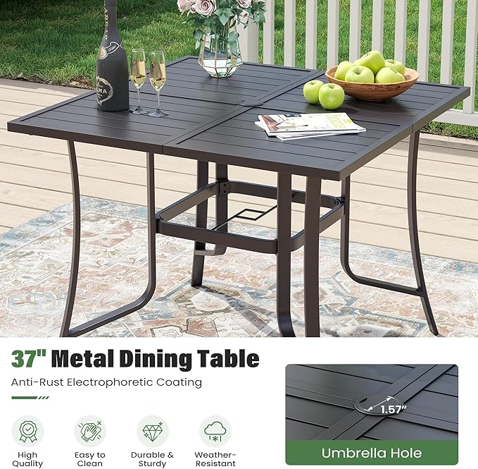 UDPATIO 5 Piece Patio Outdoor Table and Chairs for 4, 37" Black Square Table with Umbrella Hole, Metal Gray Patio Chairs Set of 4, Patio Table with Chairs, Outdoor Patio Dining Set for Lawn, Backyard