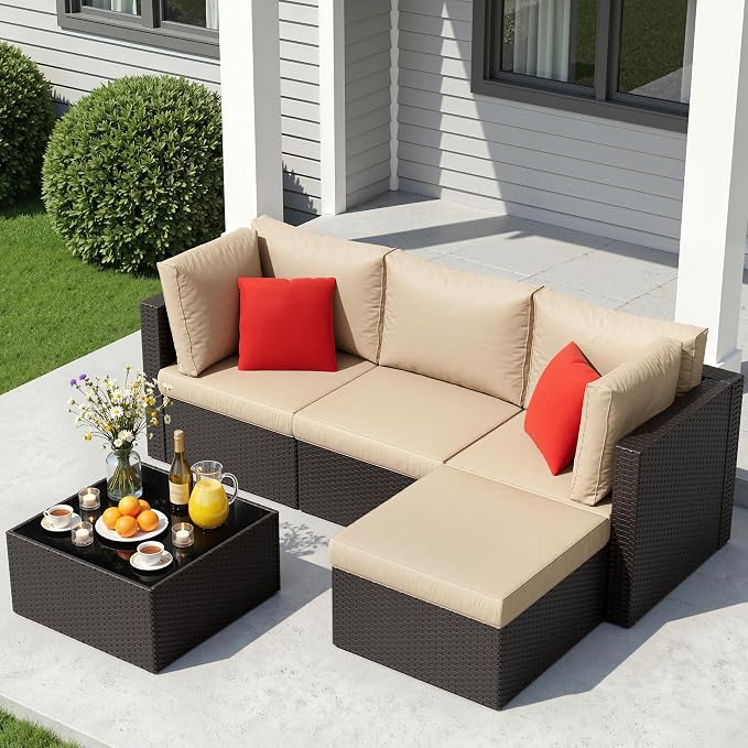 Shintenchi 5 Pieces Patio Furniture Sets Outdoor All-Weather Sectional Patio Sofa Set PE Rattan Manual Weaving Wicker Patio Conversation Set with Glass Table&Ottoman Cushion and Red Pillows, Beige