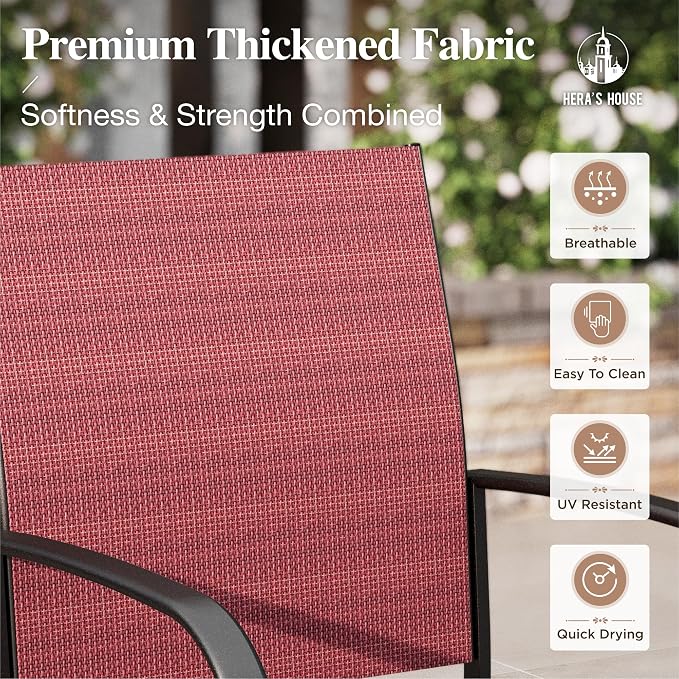 HERA'S HOUSE Patio Dining Set for 4, Wood-Look Metal Table, Red Chair | 37" outdoor square table + textilene chairs, All-weather, rust-resistant for Lawn Garden Backyard