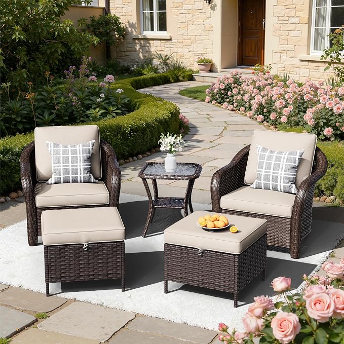 5 PCS Outdoor Conversation Set | 2 Chairs, 1 Side Table, 2 Ottomans, Patio Wicker Furniture with Removable Cushions for Bistro, Deck, Sunroom(Beige)