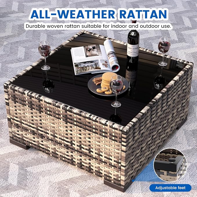 8 Pieces Outdoor Patio Furniture Set with 44" Fire Pit Table Yellow Rattan Sectional Conversation Sets w/Gas Fire Pit, Coffee Table, 1 Waterproof Covers, Navy Blue