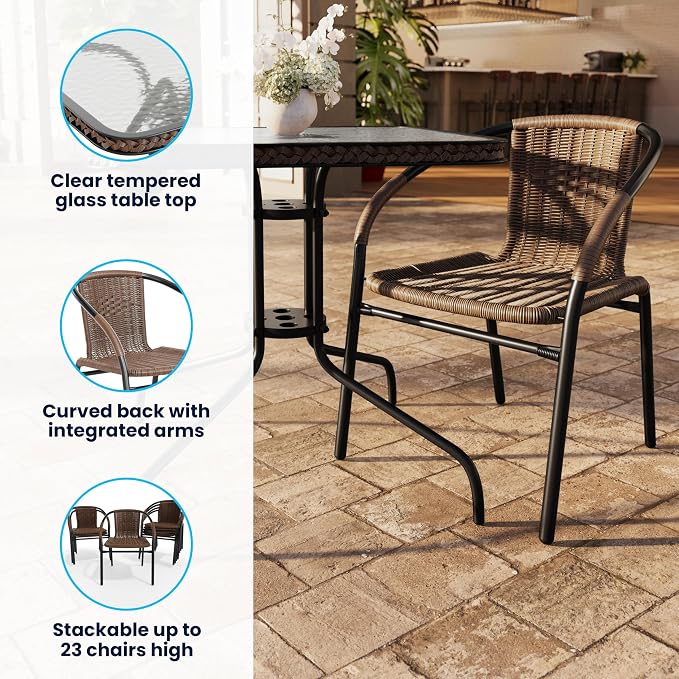Flash Furniture Lila 3-Piece 28" Square Indoor/Outdoor Patio Table and Chairs Set, Glass Metal Bistro Table and 2 Stacking Rattan Chairs, Brown | Tempered Glass, Dark Brown Rattan Edging, 2 Rattan Stack Chairs