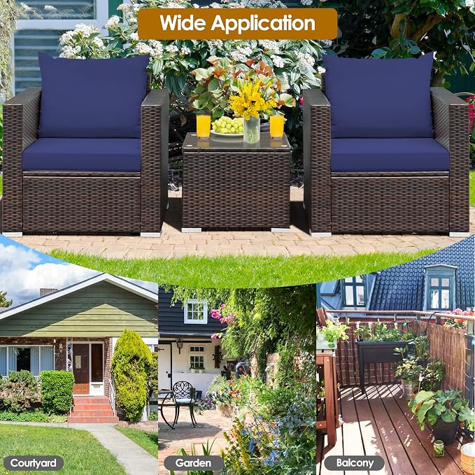 Patio Conversation Set Outdoor, 3-Piece Rattan Wicker Furniture Set with Water-Resistant Cushion & Tempered Glass Tabletop, Patio Furniture Set for Balcony, Porch, Poolside (Navy-Blue)