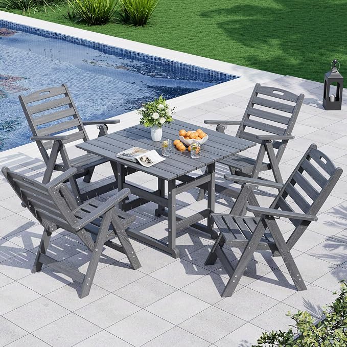 5-Piece Outdoor Dining Set, No-Assembly Foldable Chairs, All-Weather HDPE Outdoor Table and Chairs with Elegant Armrest, Patio Furniture Sets with Umbrella Hole for Patio, Gray