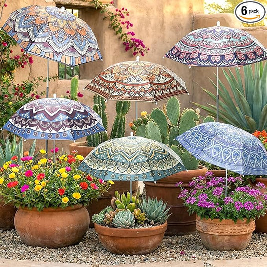 Hillban 6 Pack Plant Shade Umbrellas for Outdoor Plants 23.6" Large Garden Umbrella Shade for Potted Flower with Adjustable 40" H Sunshade Cover for Patio Garden Bed Flowers(Mandala)